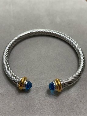 Stainless Steel Cable Cuff Bracelet with Blue Crystal Terminals